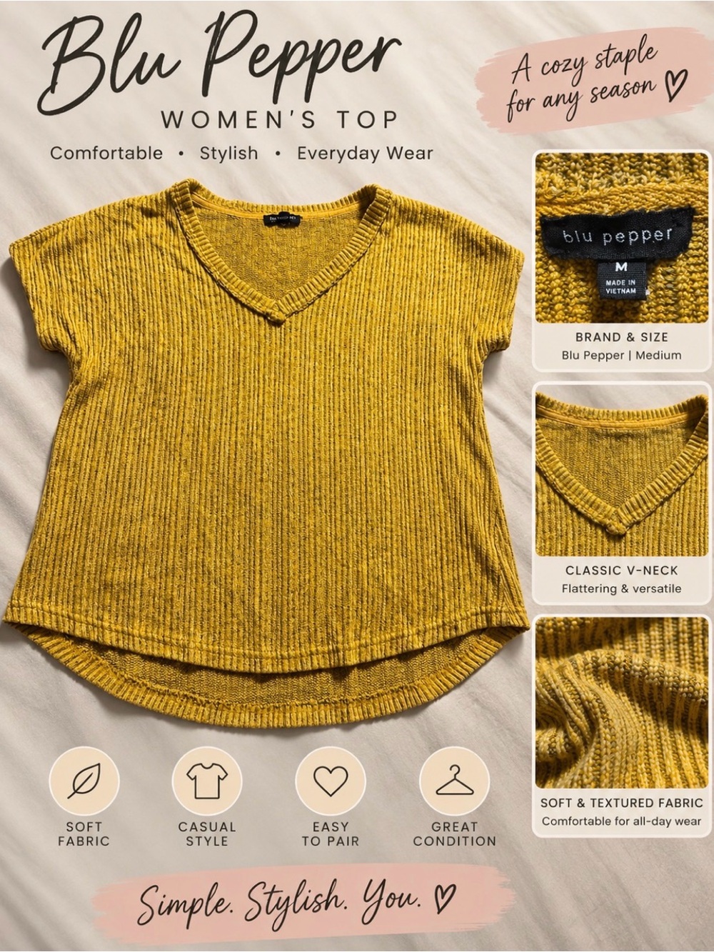 Blu Pepper Mustard Yellow V-Neck Short Sleeve Top
